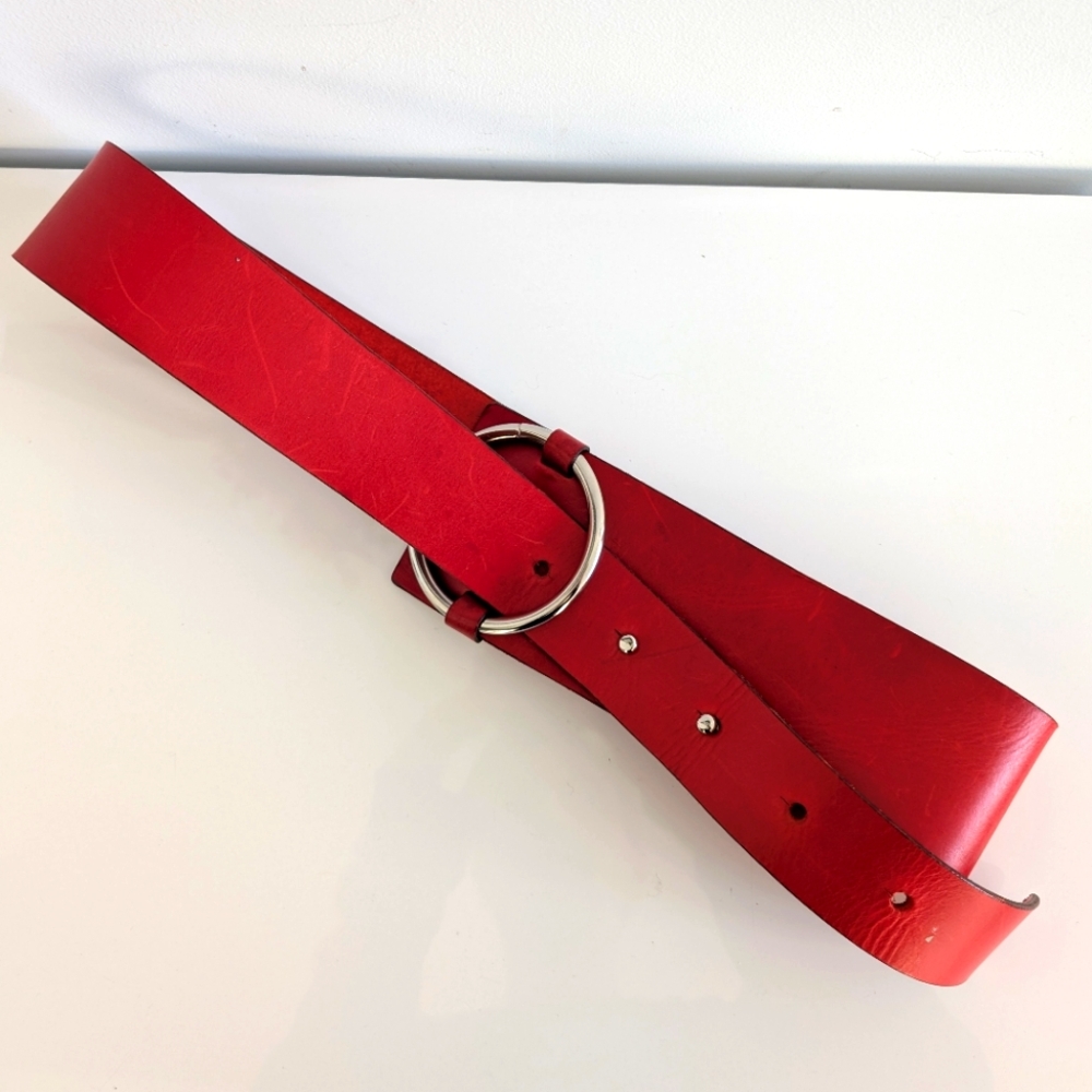 Asymmetrical red leather belt